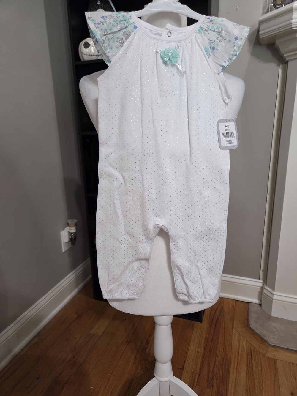 Rene Rofe White Polka Dot Romper with Floral Flutter Sleeves